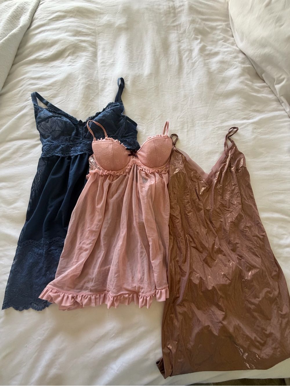 Women’s Lace & Satin Chemise lot in Navy, Blush, and gold/lavender